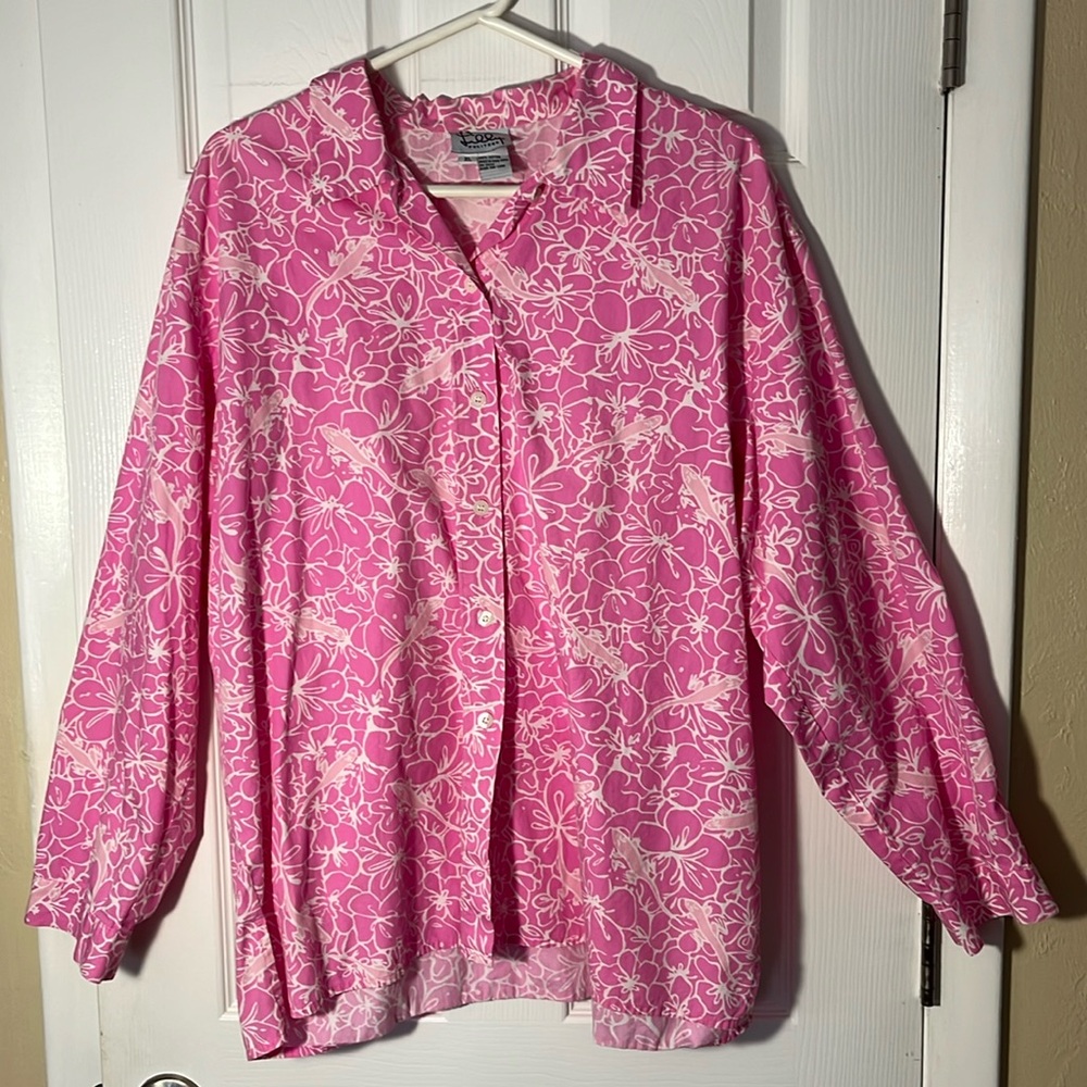 VTG Lilly Pulitzer cotton button up collar shirt pink white floral tropical XL